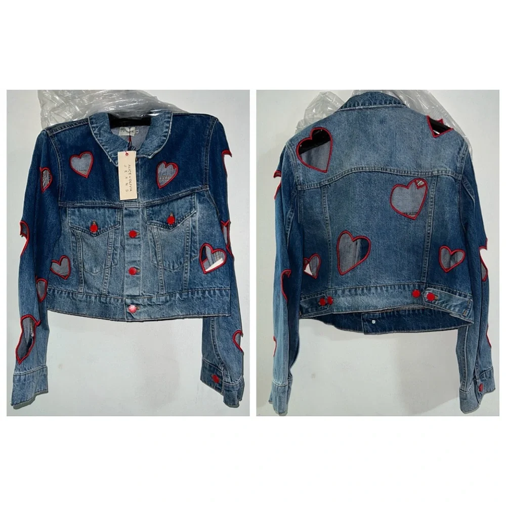 Alice + Olivia Jeff Heart Embroidered Cropped Denim Jacket - Picture 10 of 16